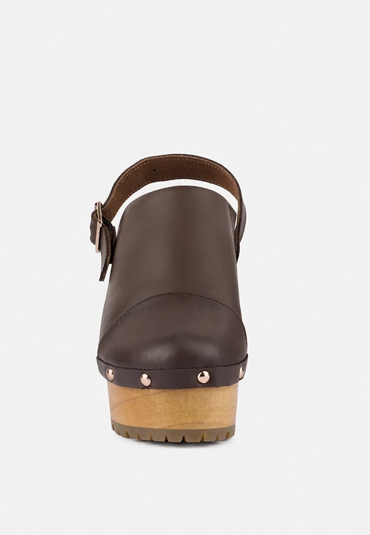 ALONA Brown Slingback High Block Heeled Clogs