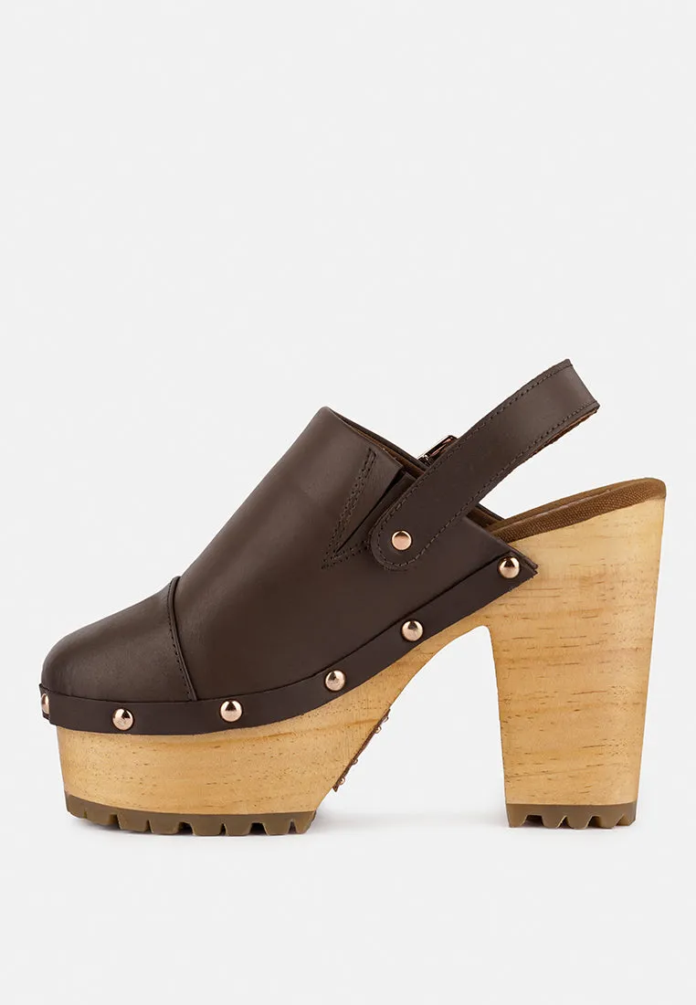 ALONA Brown Slingback High Block Heeled Clogs