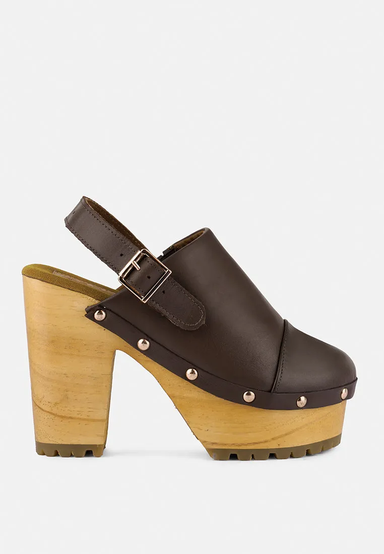 ALONA Brown Slingback High Block Heeled Clogs
