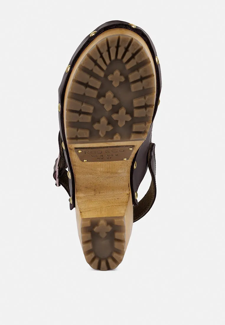 ALONA Brown Slingback High Block Heeled Clogs