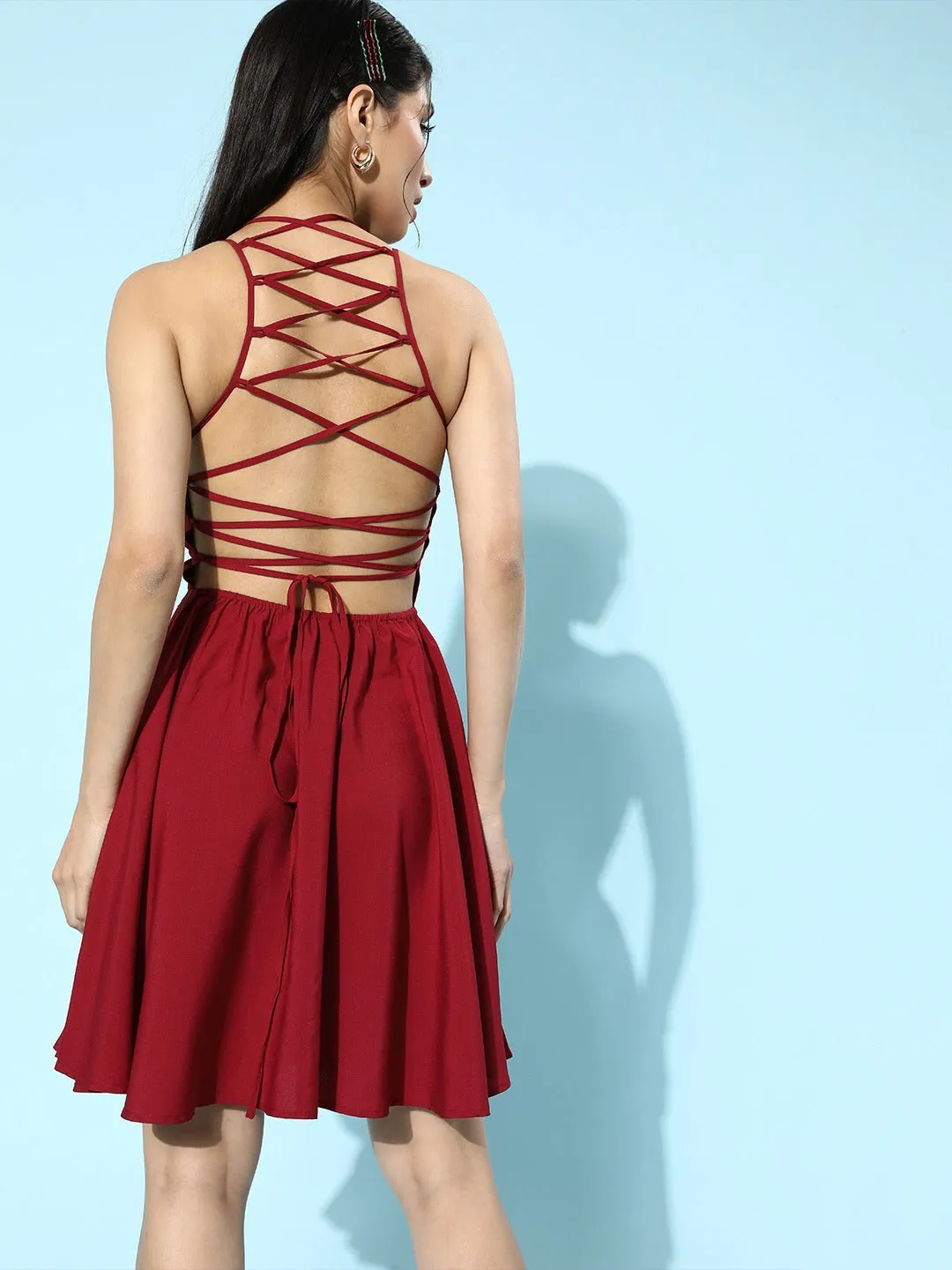 Berrylush Women Solid Red Square-Neck Tie-Up A-Line Mini Dress