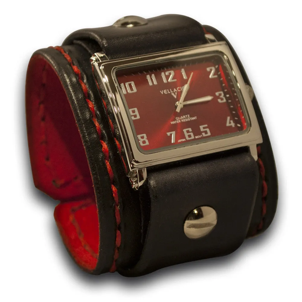 Black Rockstar Leather Cuff Watch with Red Hand Stitching