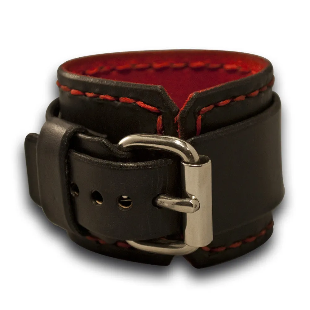 Black Rockstar Leather Cuff Watch with Red Hand Stitching