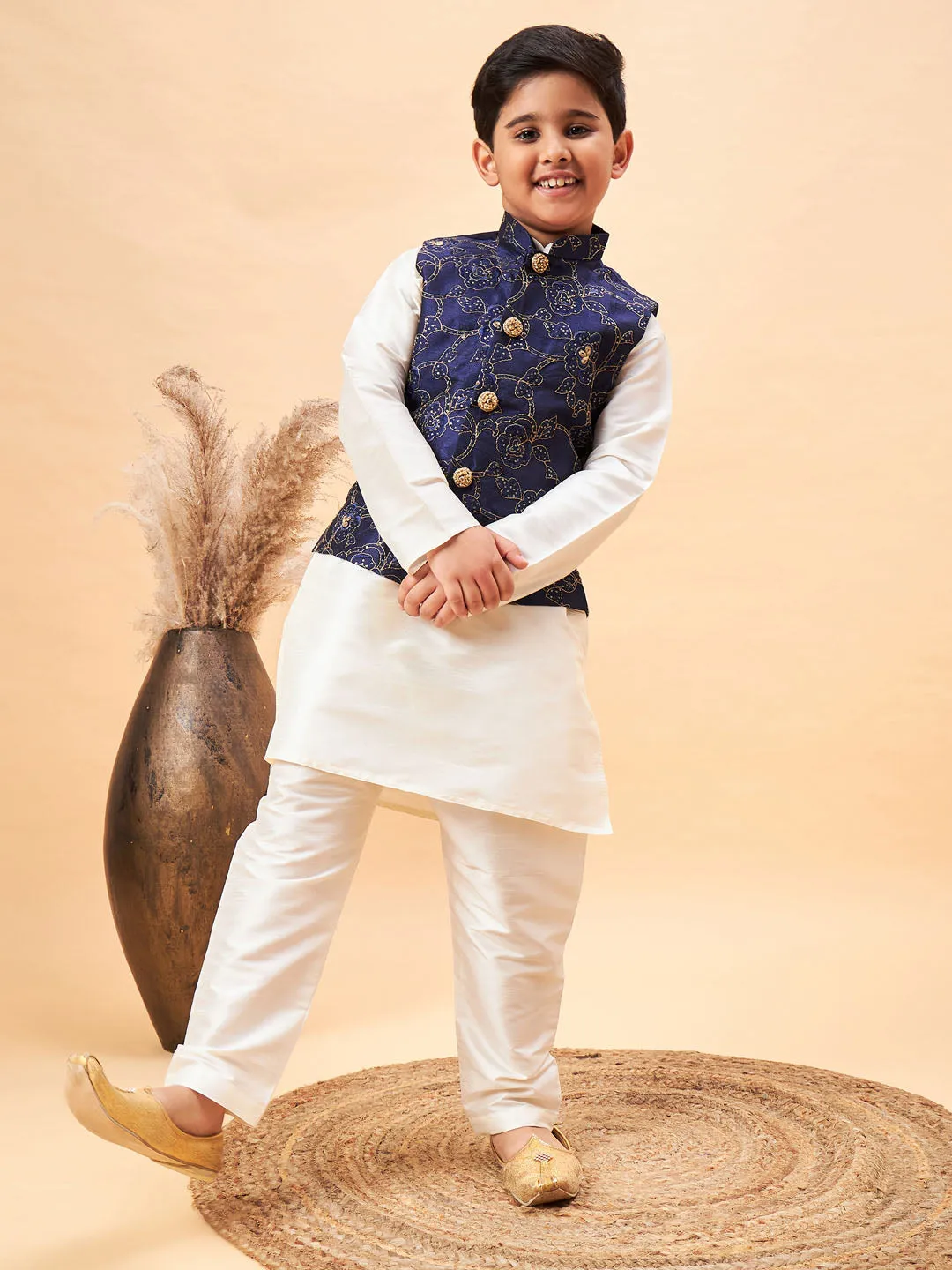 Boy's Navy Blue And Cream Jacket, Kurta And Pyjama Set - Vastramay Boys