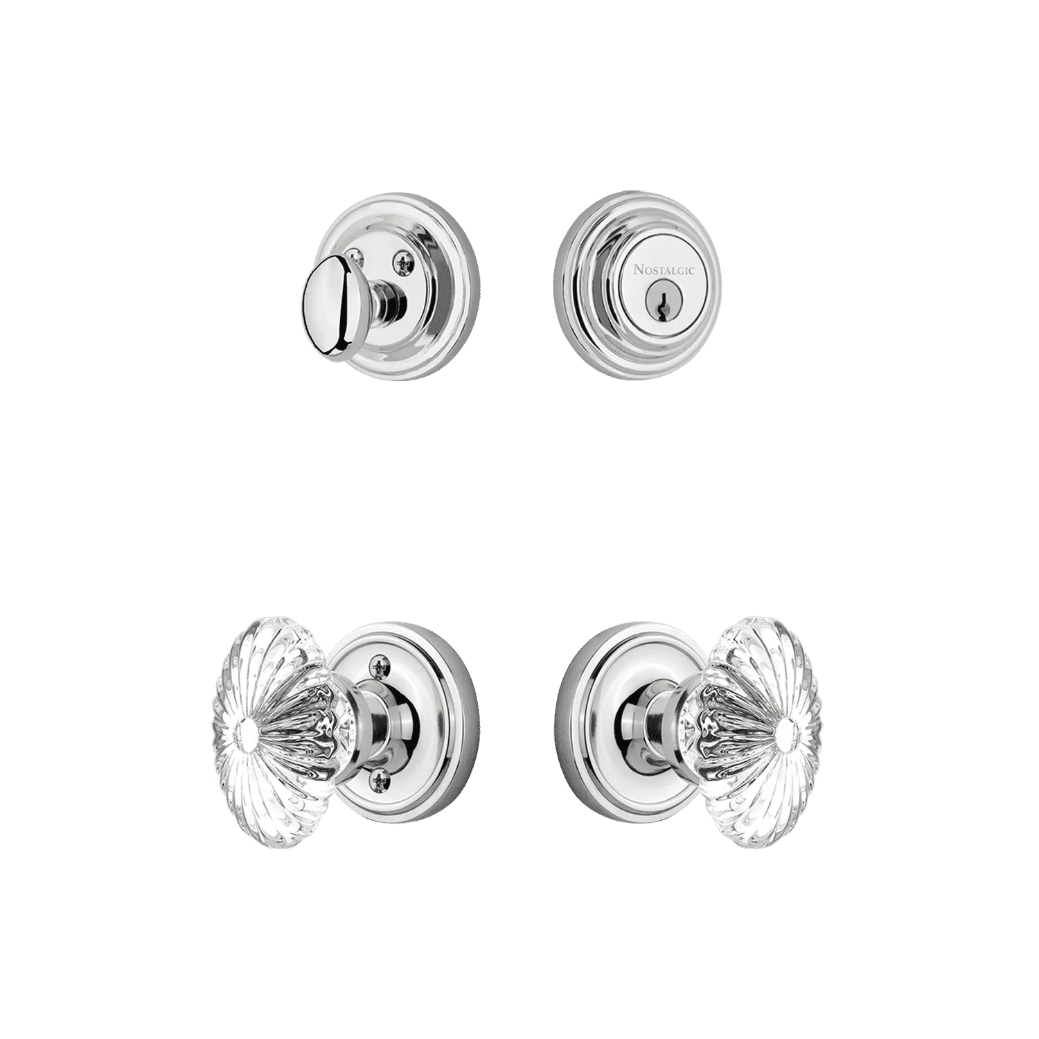 Classic Rosette Entry Set with Oval Fluted Crystal in Bright Chrome