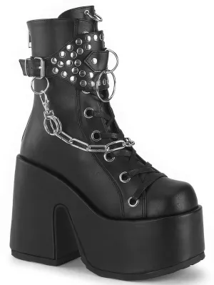 DEMONIA Black Mid-Calf Platform Boots with Studded Shield