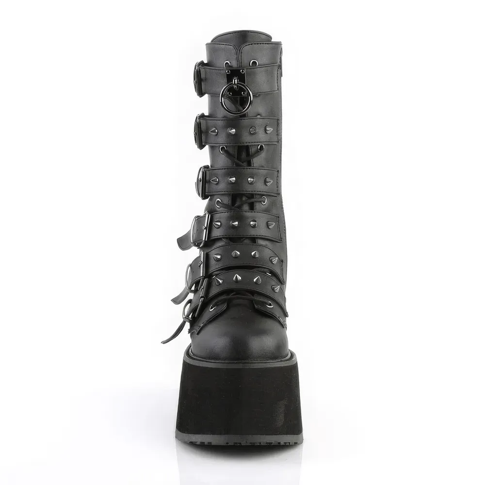 DEMONIA Black Platform Mid-Calf Boots with Studded Straps