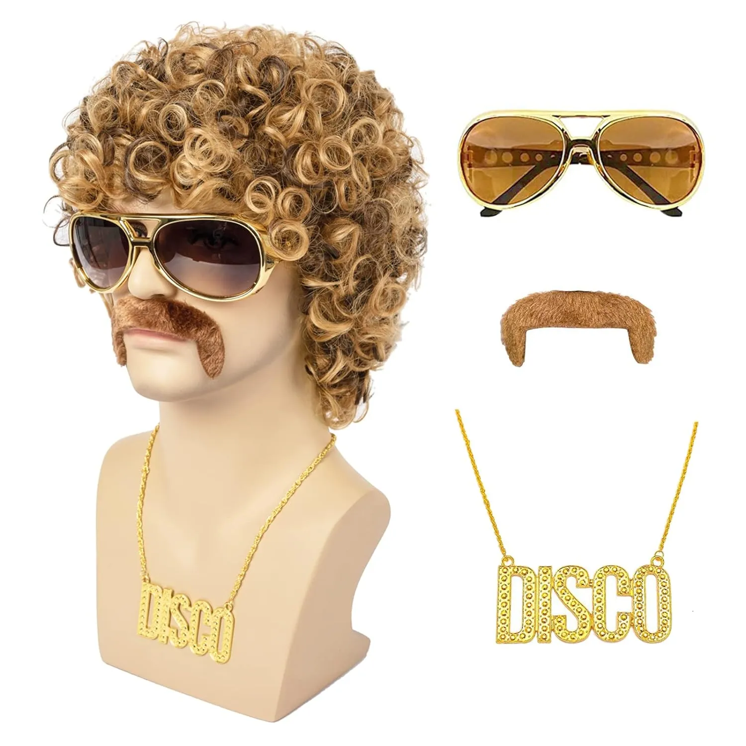 Disco Wig 5Pcs Set (Wig  Glasses  Necklace  Mustache  Wig Cap) 70'S Costumes Wig Afro Wig Men Short Curly Natural Fluffy Synthetic hair Wig for Halloween Disco Party
