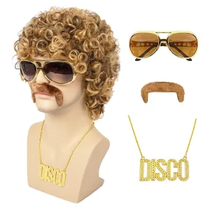 Disco Wig 5Pcs Set (Wig  Glasses  Necklace  Mustache  Wig Cap) 70'S Costumes Wig Afro Wig Men Short Curly Natural Fluffy Synthetic hair Wig for Halloween Disco Party