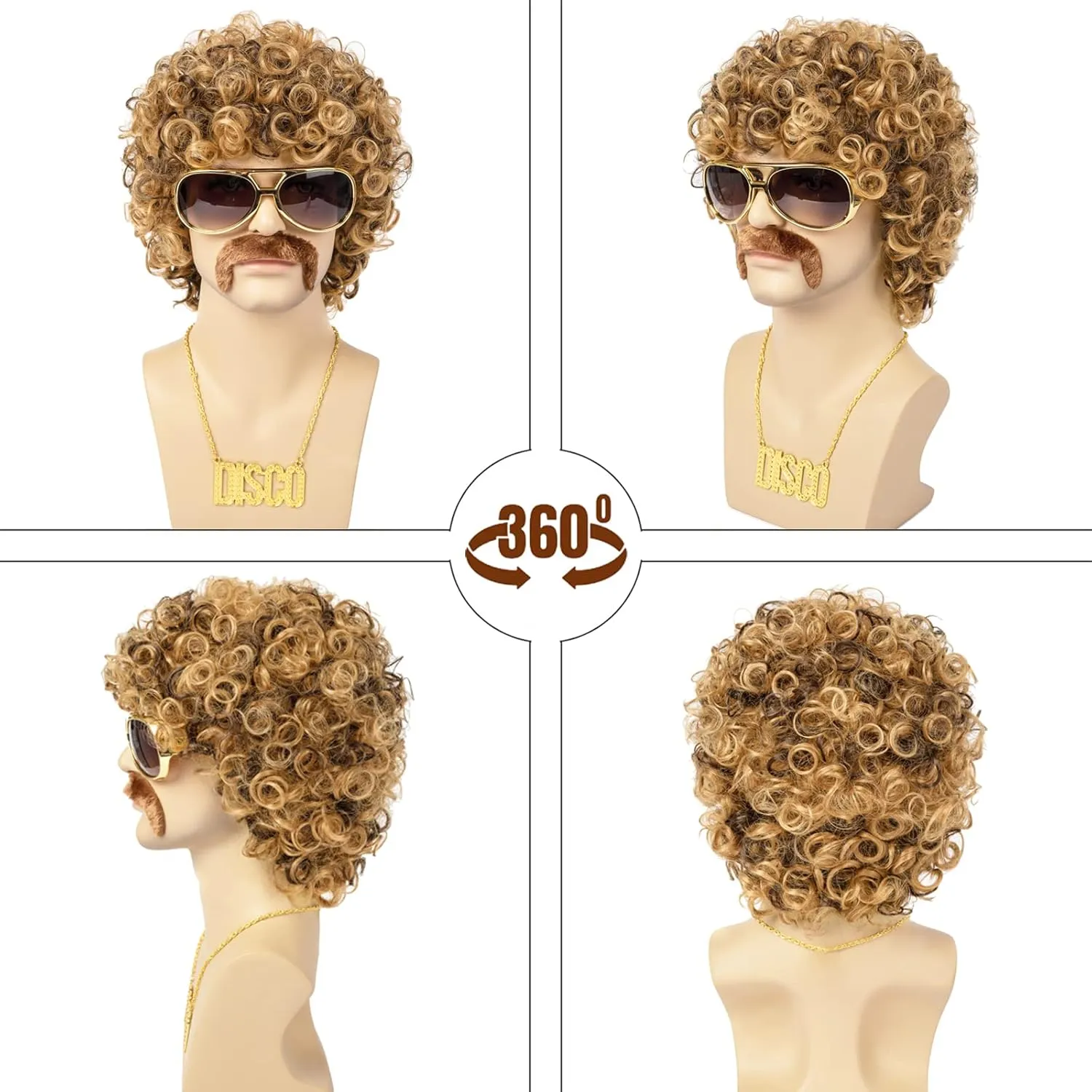 Disco Wig 5Pcs Set (Wig  Glasses  Necklace  Mustache  Wig Cap) 70'S Costumes Wig Afro Wig Men Short Curly Natural Fluffy Synthetic hair Wig for Halloween Disco Party