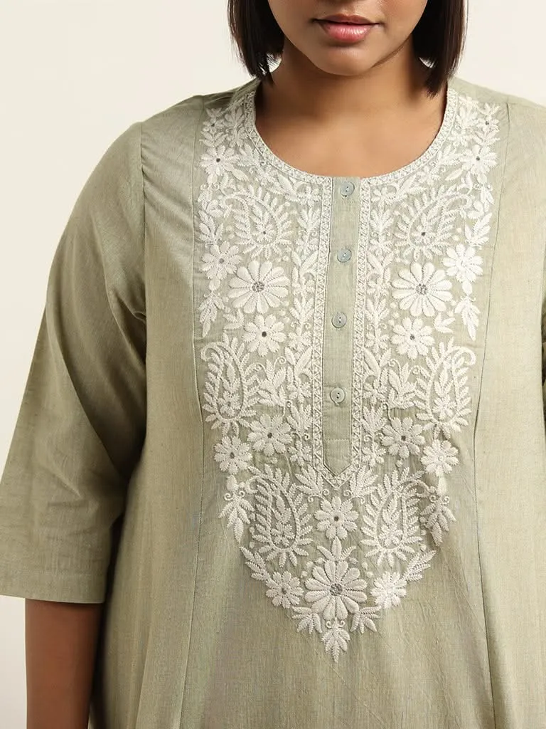 Diza Green Embroidered Cotton Kurta