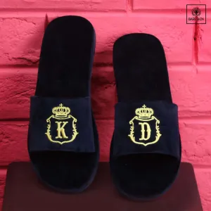 Embroidered Initials KD on Blue Velvet Slippers by Brune & Bareskin