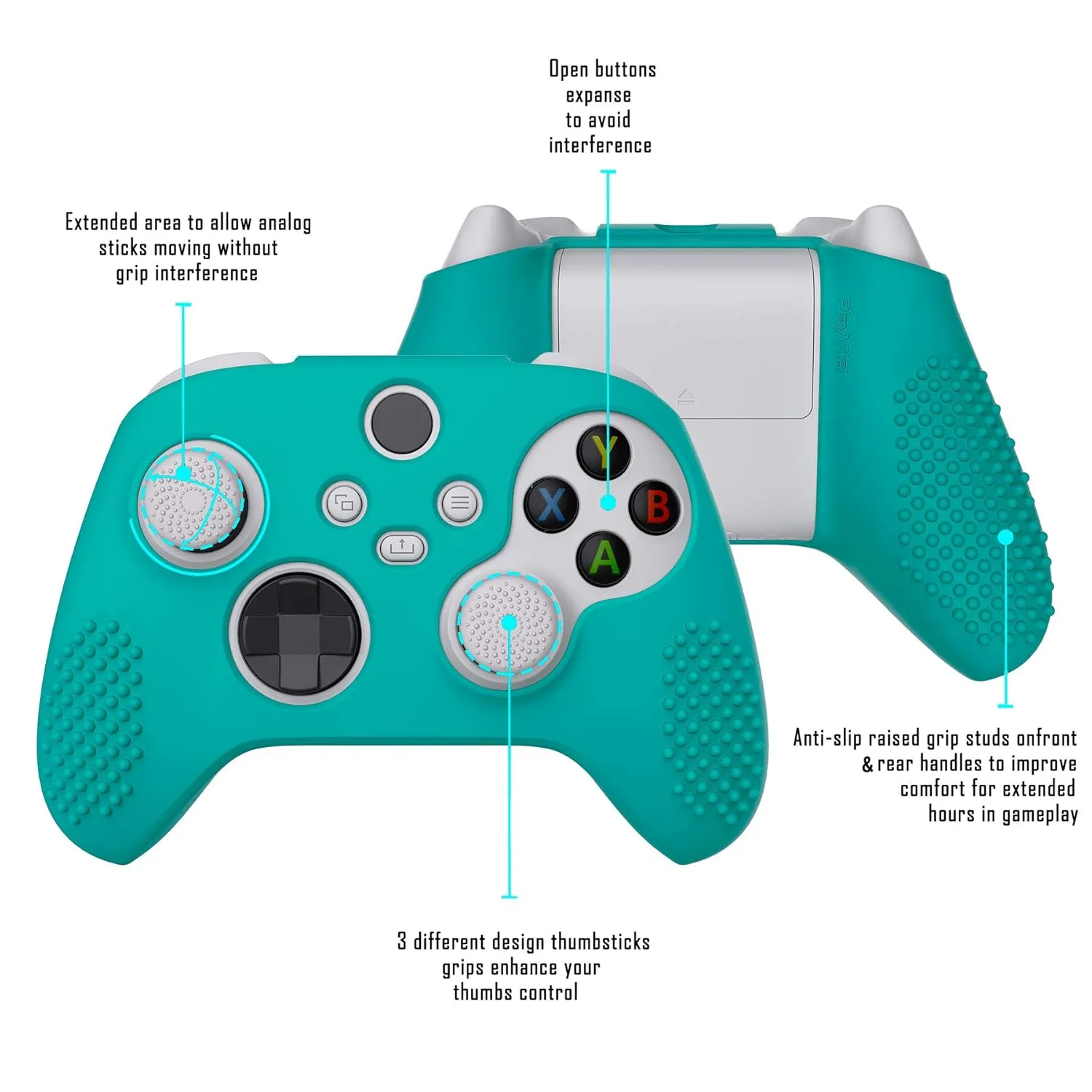 eXtremeRate PlayVital Aqua Green 3D Studded Edition Anti-slip Silicone Cover Skin for Xbox Series X/S Controller, Soft Rubber Case Protector for Xbox Core Wireless Controller with Thumb Grip Caps