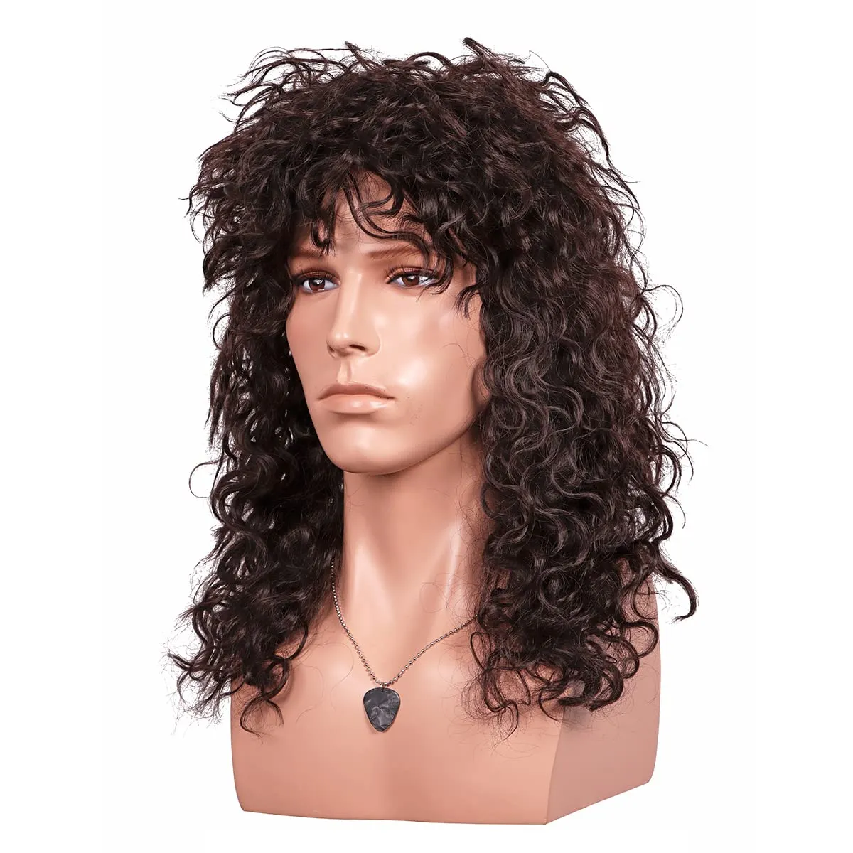 FantaLook 70 80s Long Curly Dark Brown Cosplay Wig with Necklace Ring Headband and Mater Bracelet for Halloween