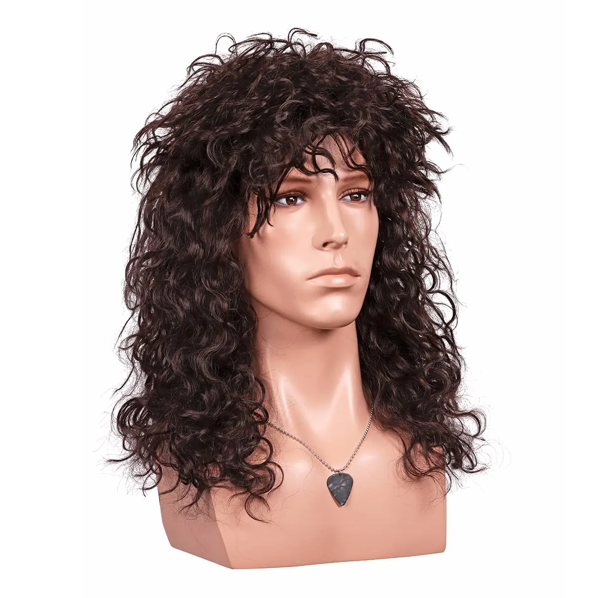 FantaLook 70 80s Long Curly Dark Brown Cosplay Wig with Necklace Ring Headband and Mater Bracelet for Halloween