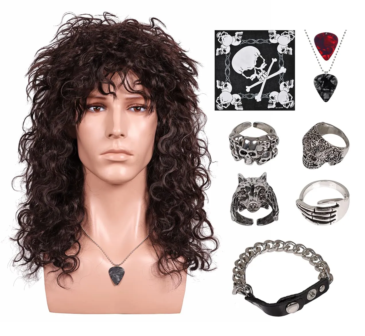 FantaLook 70 80s Long Curly Dark Brown Cosplay Wig with Necklace Ring Headband and Mater Bracelet for Halloween