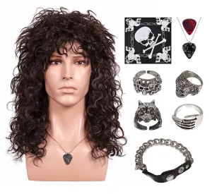 FantaLook 70 80s Long Curly Dark Brown Cosplay Wig with Necklace Ring Headband and Mater Bracelet for Halloween