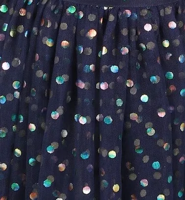 Girl's Lace Top With Organzar Embroidered Lace Details, Mesh With Rainbow Foil Print-Navy - Lil Peacock