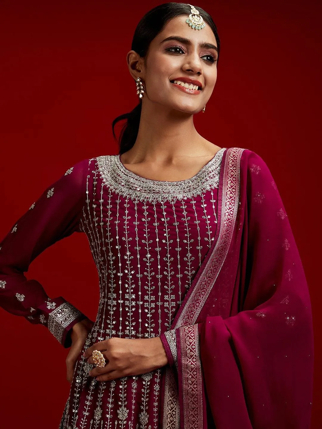 Jashvi Art Magenta Embroidered Georgette A-Line Sharara Suit Set With Dupatta