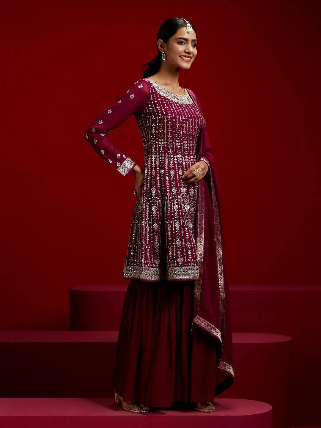 Jashvi Art Magenta Embroidered Georgette A-Line Sharara Suit Set With Dupatta