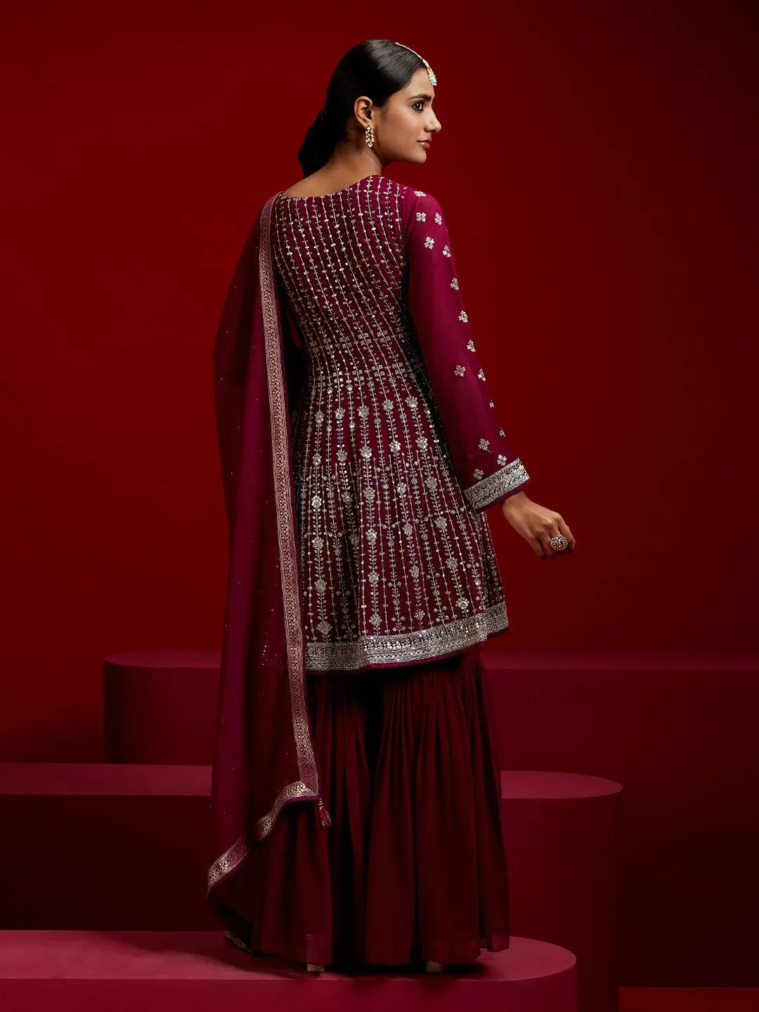 Jashvi Art Magenta Embroidered Georgette A-Line Sharara Suit Set With Dupatta