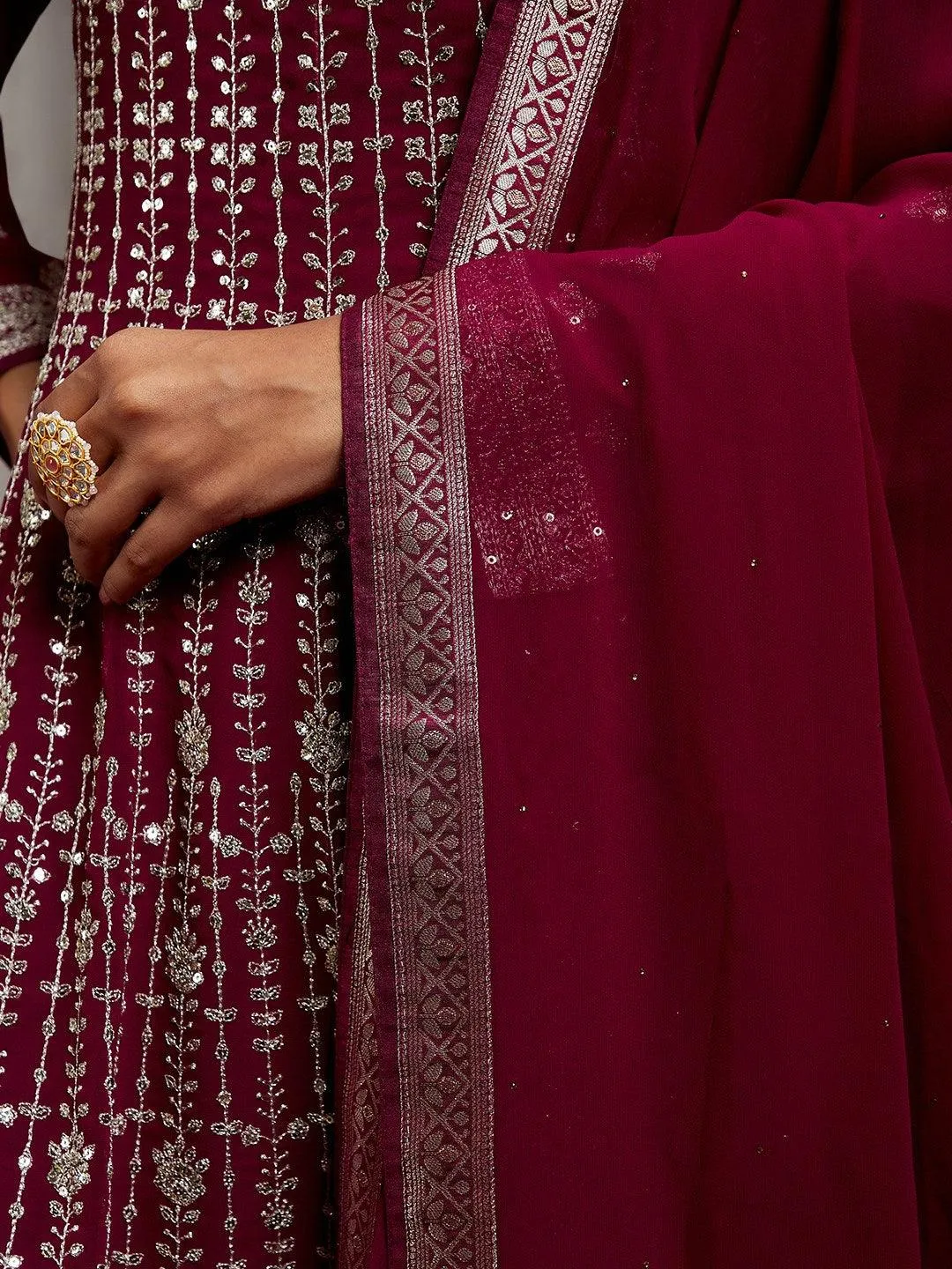 Jashvi Art Magenta Embroidered Georgette A-Line Sharara Suit Set With Dupatta