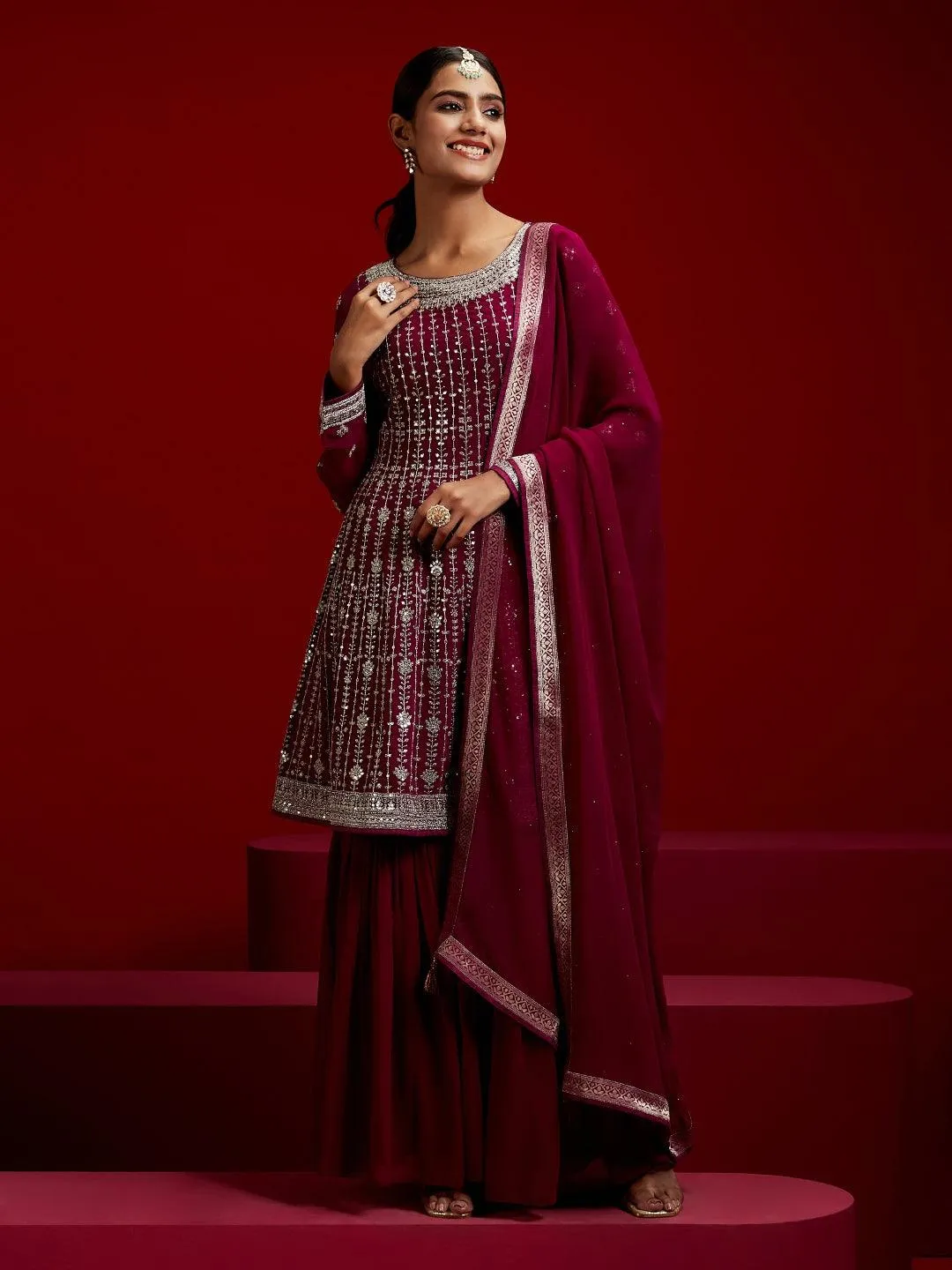 Jashvi Art Magenta Embroidered Georgette A-Line Sharara Suit Set With Dupatta