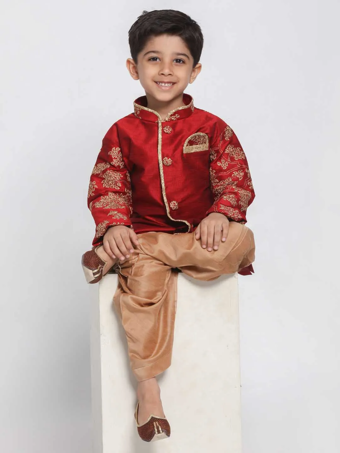 Jashvi Boys' Maroon Cotton Silk Blend Kurta and Dhoti Pant Set