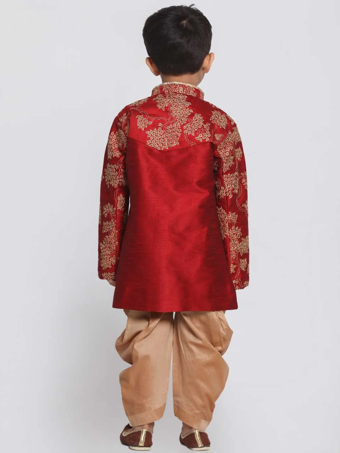 Jashvi Boys' Maroon Cotton Silk Blend Kurta and Dhoti Pant Set