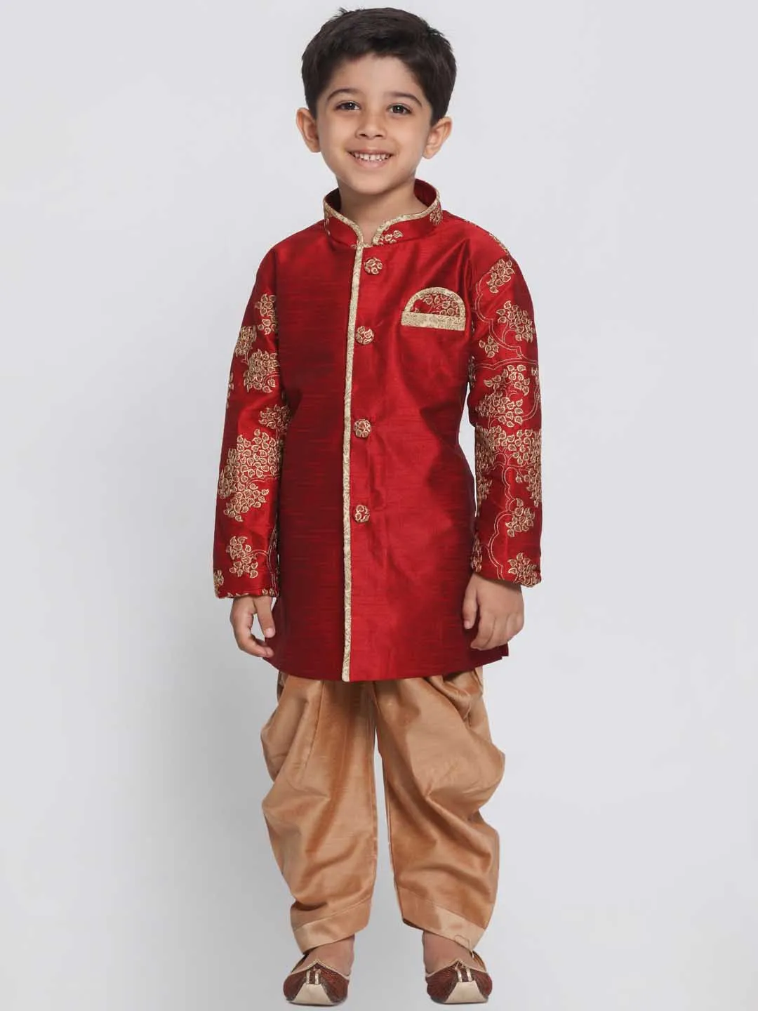 Jashvi Boys' Maroon Cotton Silk Blend Kurta and Dhoti Pant Set