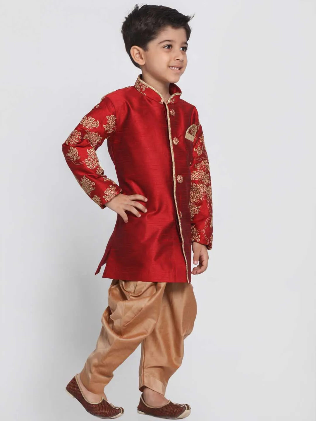 Jashvi Boys' Maroon Cotton Silk Blend Kurta and Dhoti Pant Set