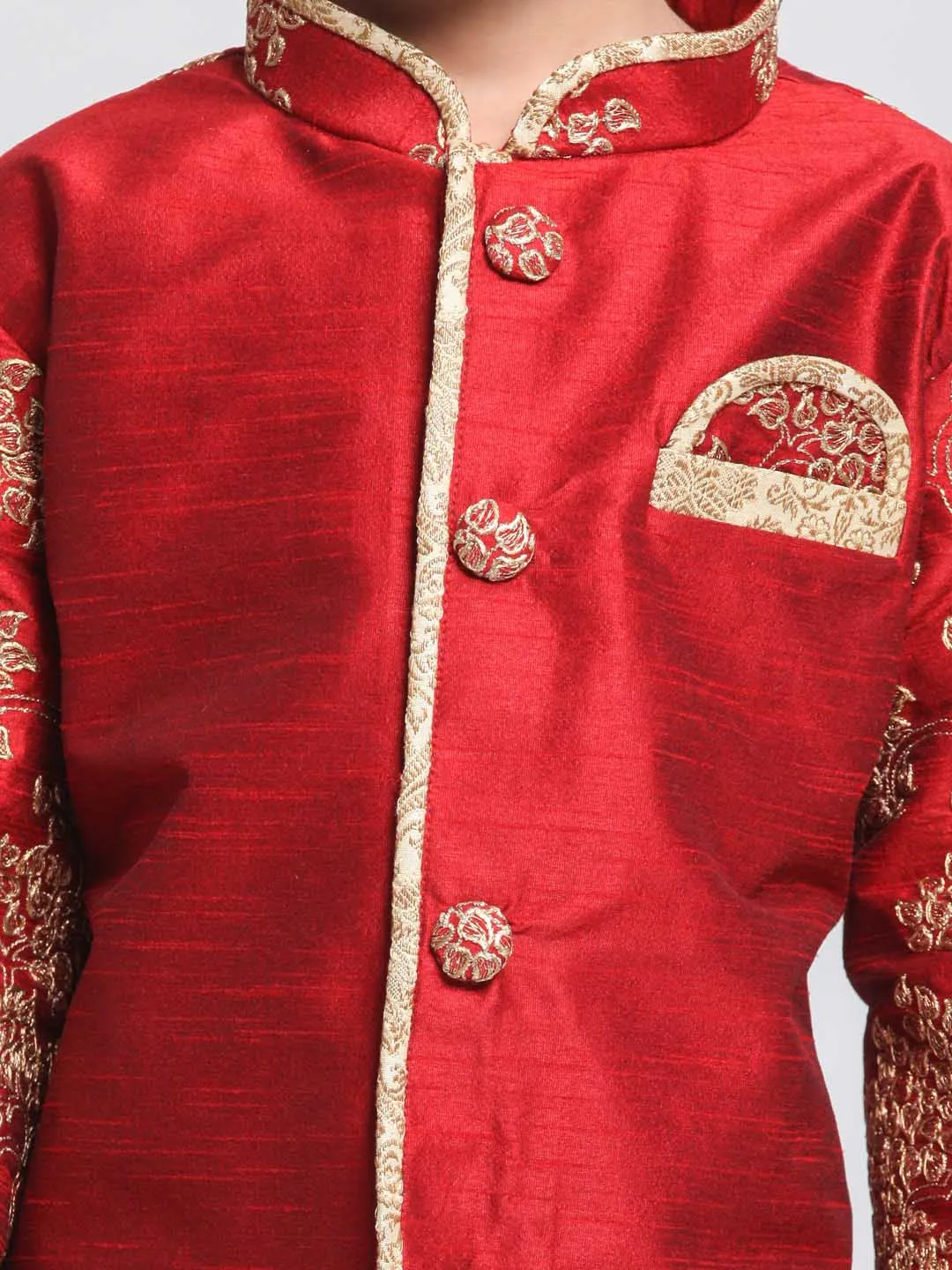 Jashvi Boys' Maroon Cotton Silk Blend Kurta and Dhoti Pant Set