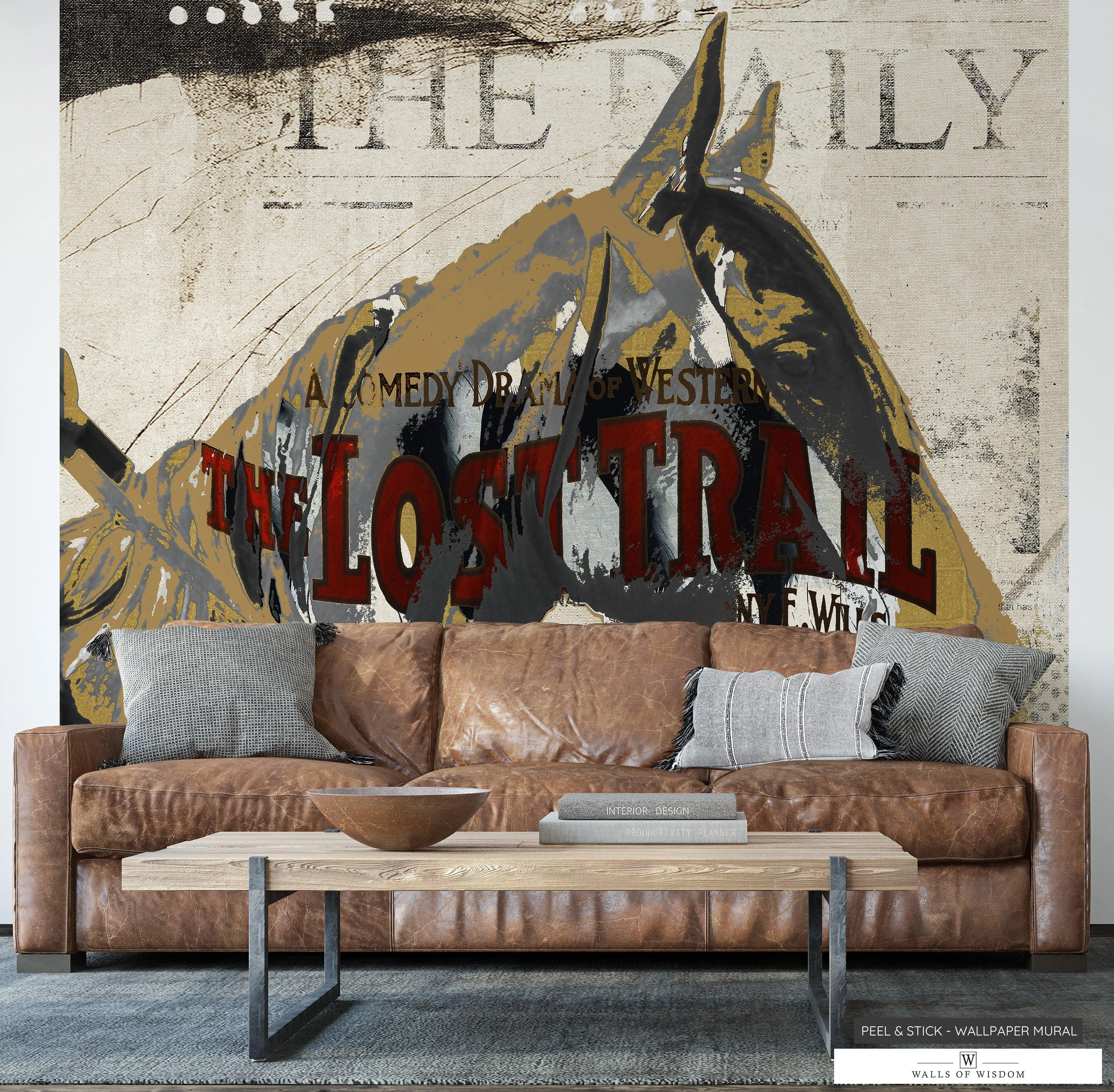 Lost Trail Cowboy & Horse Mural: Contemporary Western Wallpaper with Vintage Flair