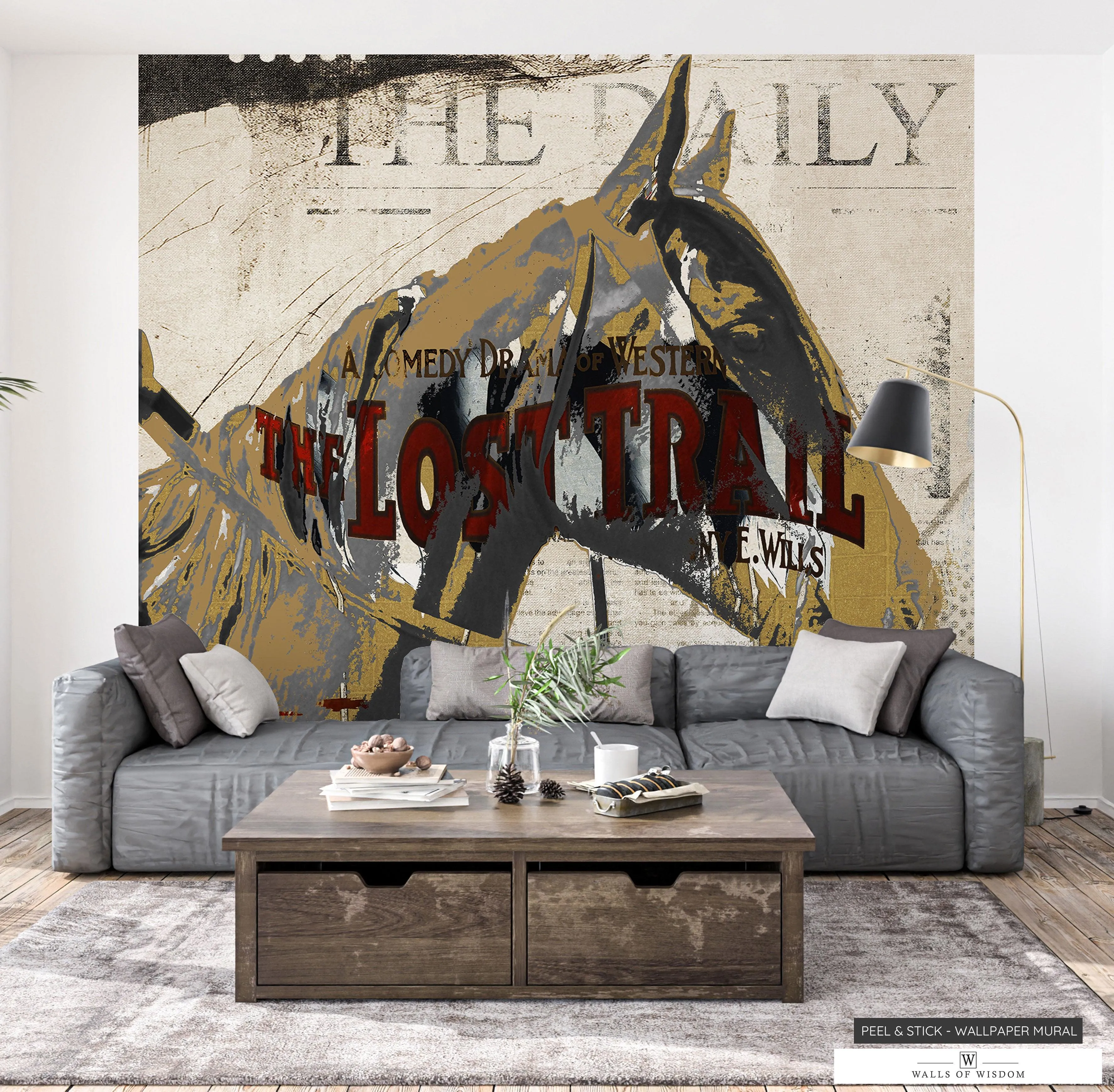 Lost Trail Cowboy & Horse Mural: Contemporary Western Wallpaper with Vintage Flair