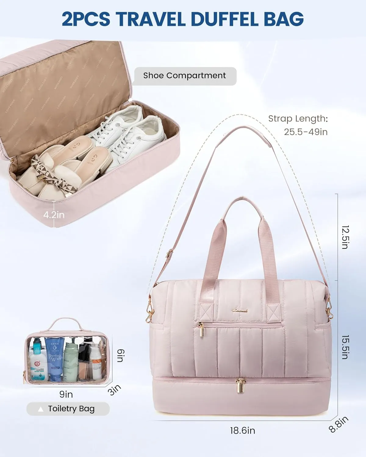 LOVEVOOK Travel Duffle Bag,Puffer Weekender Bags For Women with Shoe Compartment,42L Carry On Duffel Bags For Airplanes,Hospital Bag for Labor and Delivery,Overnight Bag With Toiletry Bag,2Pcs Set