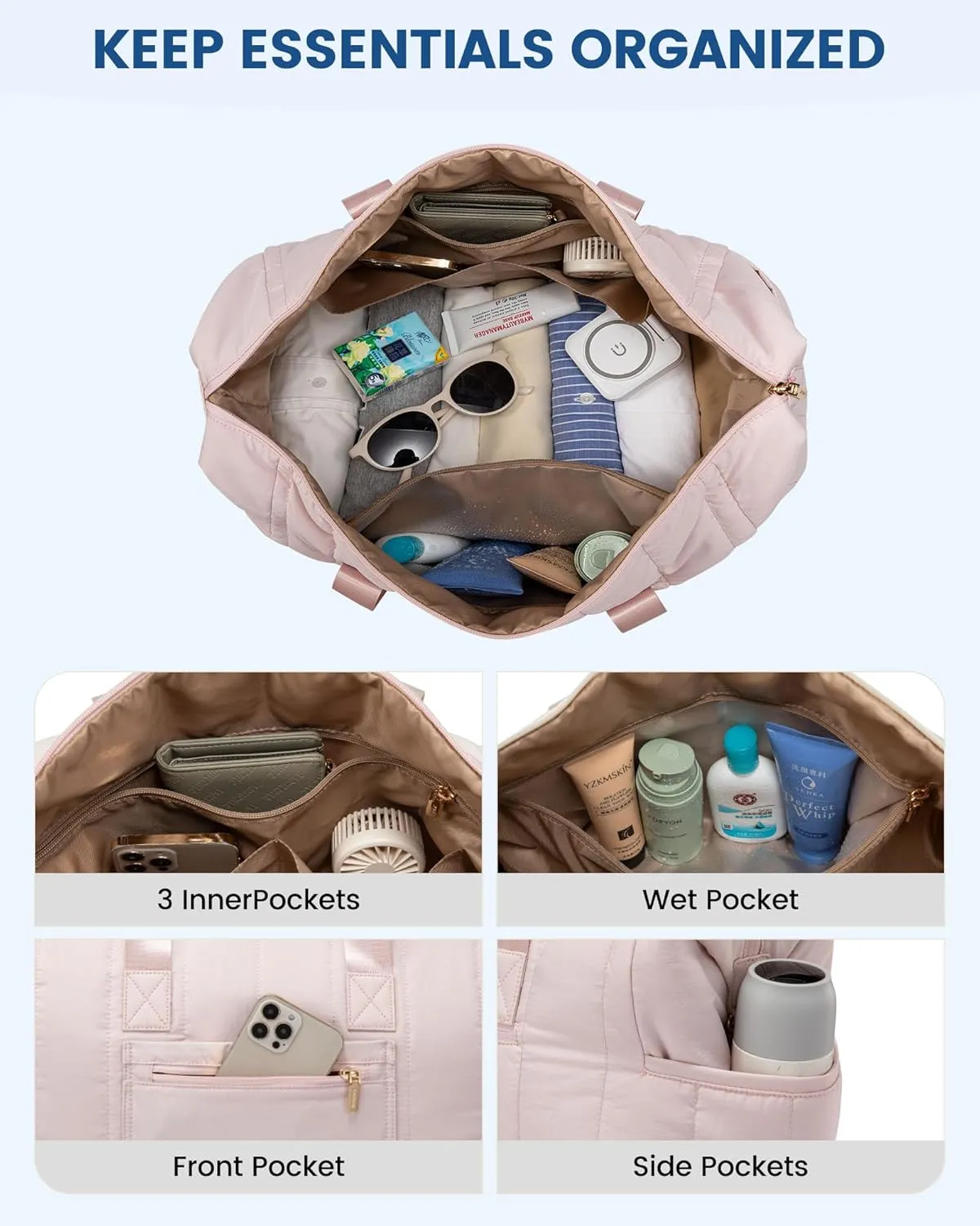 LOVEVOOK Travel Duffle Bag,Puffer Weekender Bags For Women with Shoe Compartment,42L Carry On Duffel Bags For Airplanes,Hospital Bag for Labor and Delivery,Overnight Bag With Toiletry Bag,2Pcs Set