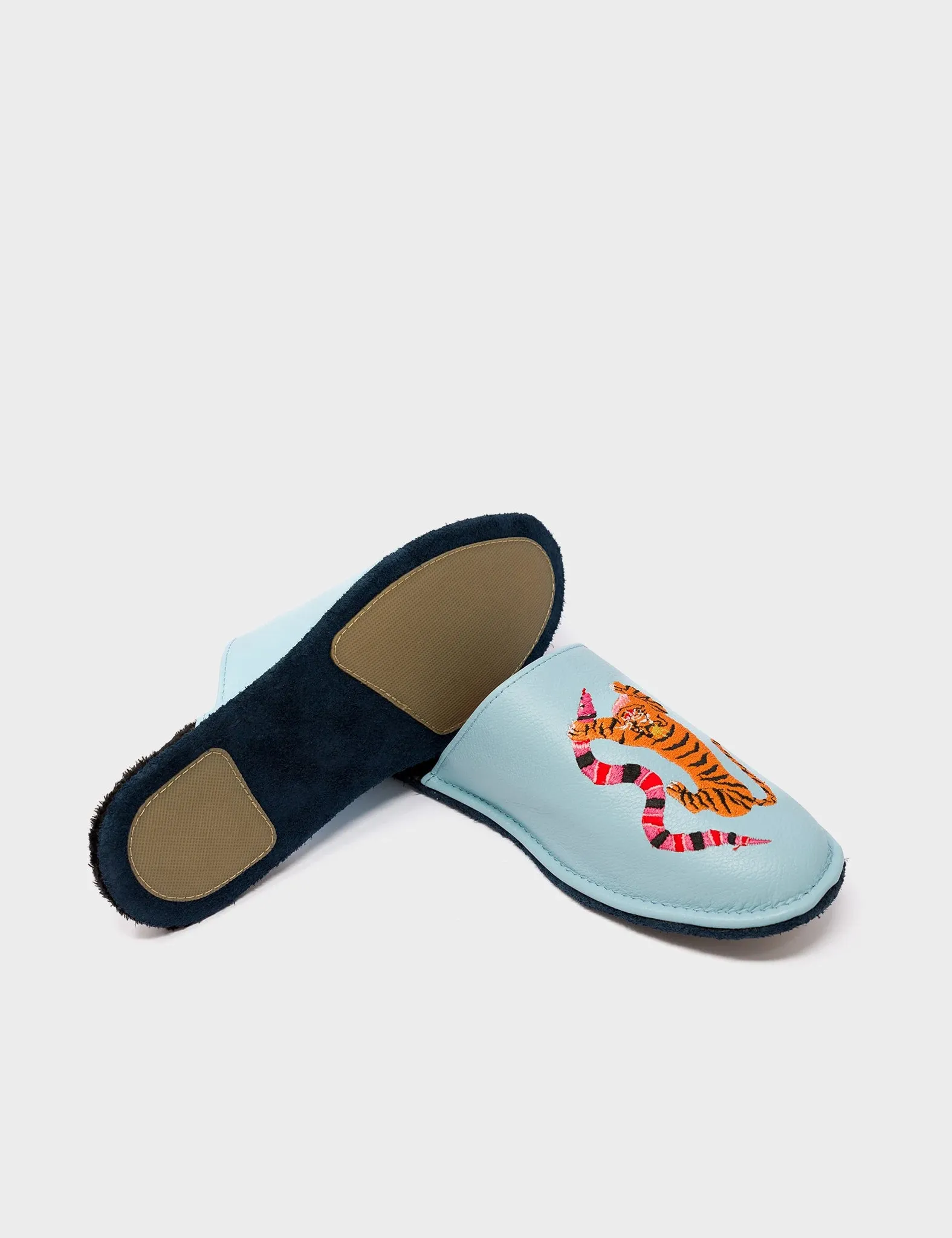 Marcelo Stratosphere Blue Leather Slippers - Tiger & Snake Embroidery