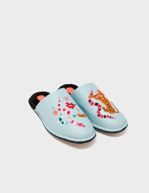 Marcelo Stratosphere Blue Leather Slippers - Tiger & Snake Embroidery