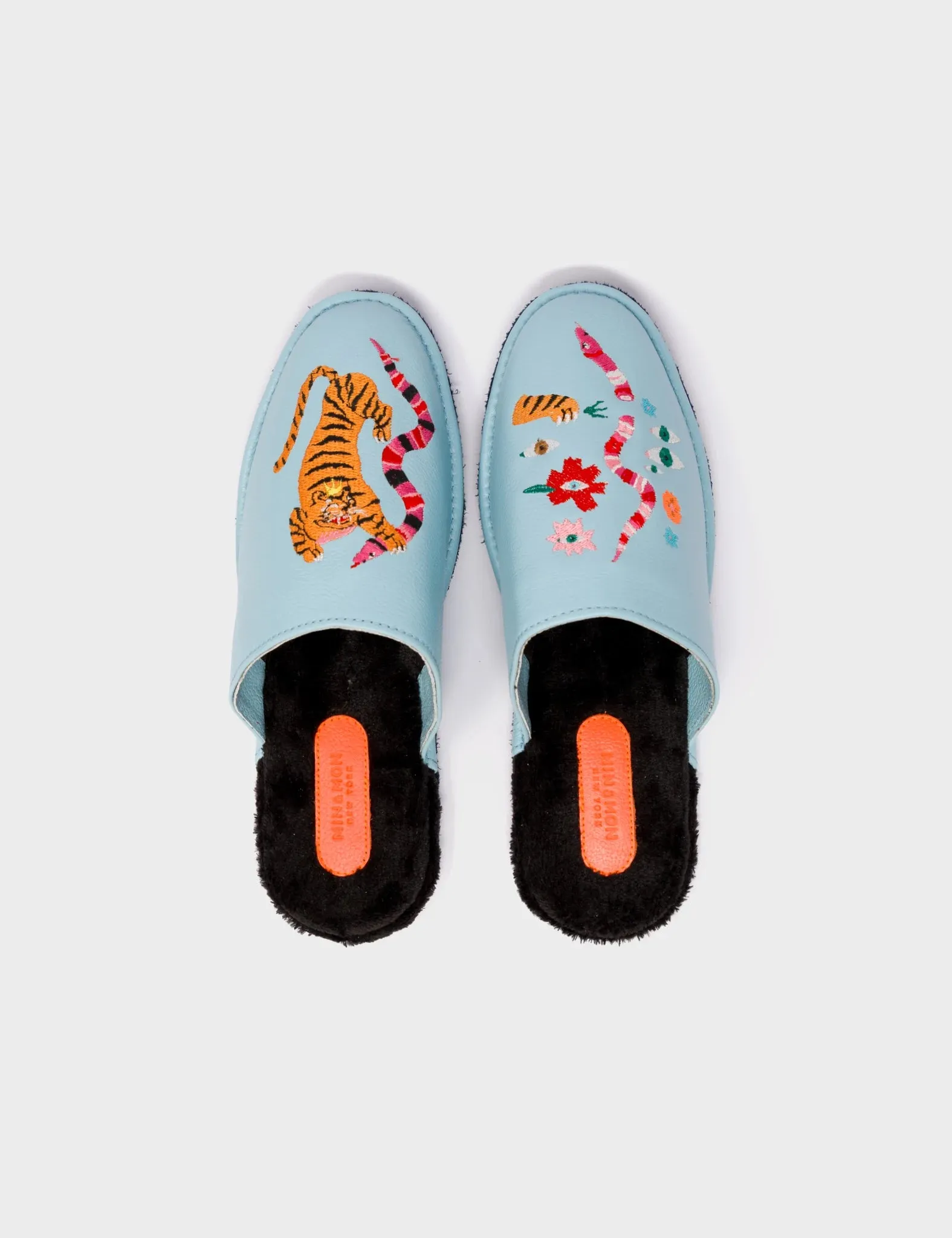 Marcelo Stratosphere Blue Leather Slippers - Tiger & Snake Embroidery