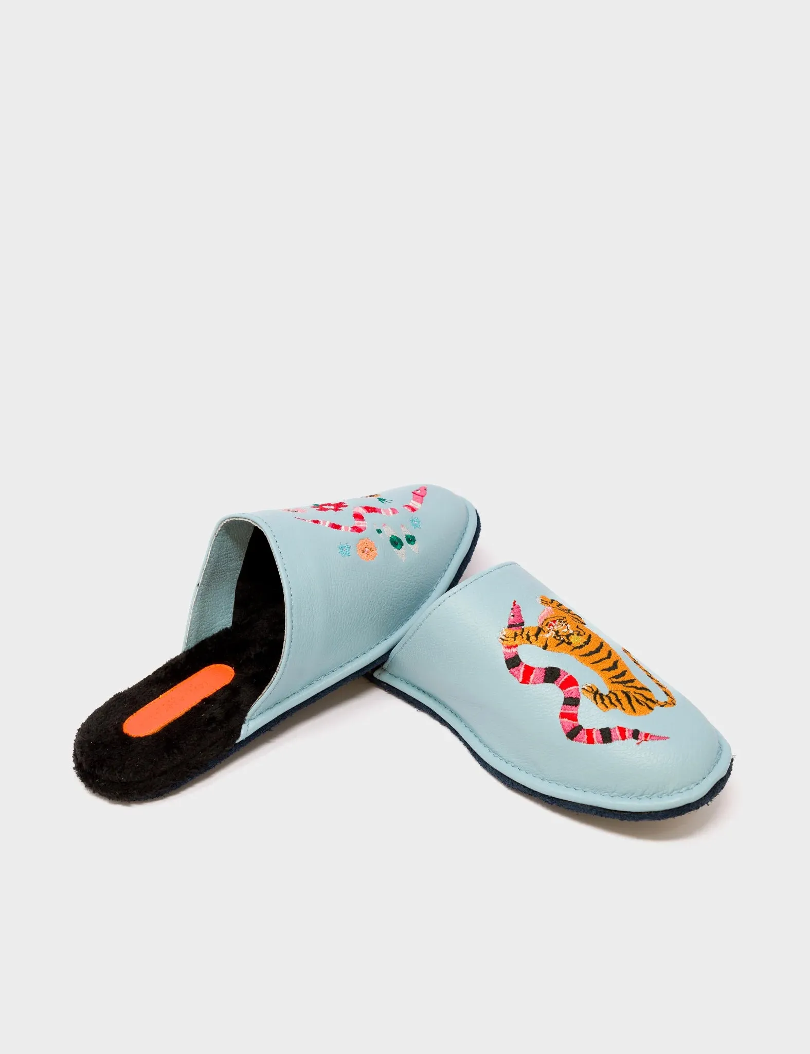 Marcelo Stratosphere Blue Leather Slippers - Tiger & Snake Embroidery