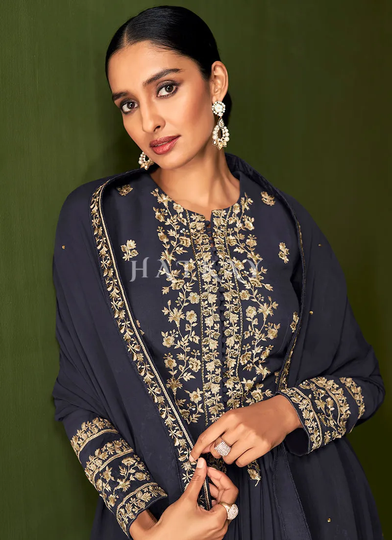 Navy Blue Traditional Embroidered Anarkali Palazzo Suit