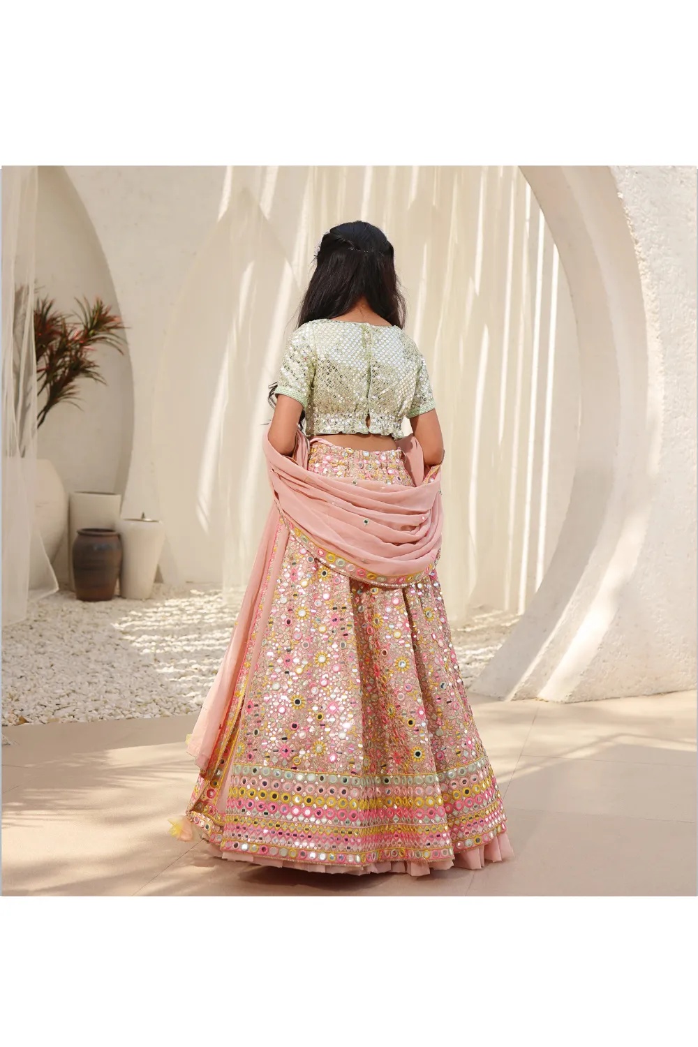 Peach Embroidered Georgette Lehenga Choli with Dupatta Set
