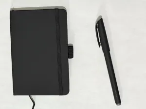 Pocket Notebook with Elastic Band Closure, Black Hardcover Journal with Matching Pen, A6 Size