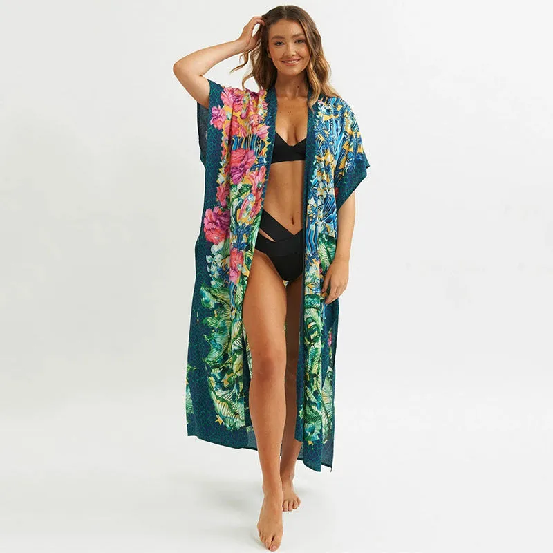 Polyester green printed beach blouse sexy cardigan loose sun protection bikini blouse
