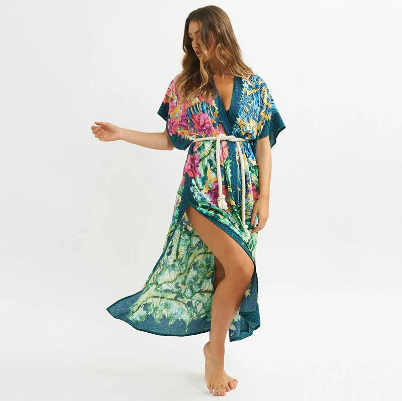 Polyester green printed beach blouse sexy cardigan loose sun protection bikini blouse