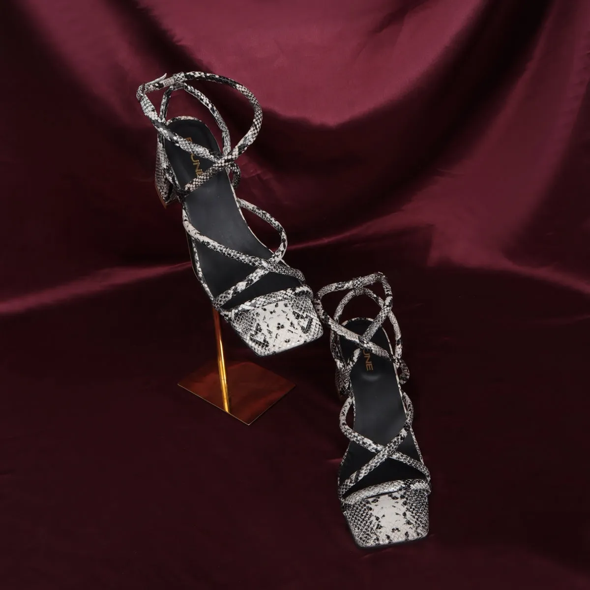Snake Print Criss-Cross Buckle Strap Blocked Heel sandal By Brune & Bareskin