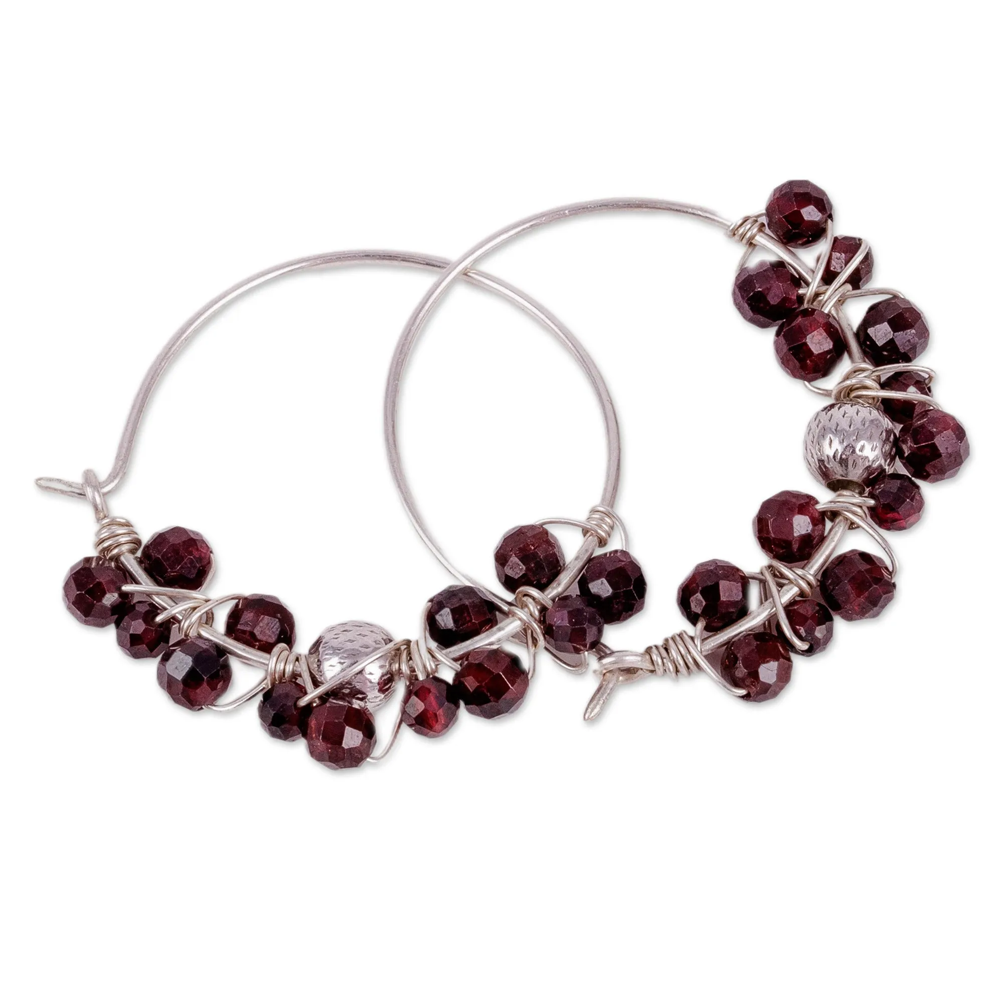 Sterling Silver and Natural Garnet Beaded Hoop Earrings - Passionate Bubbles | NOVICA