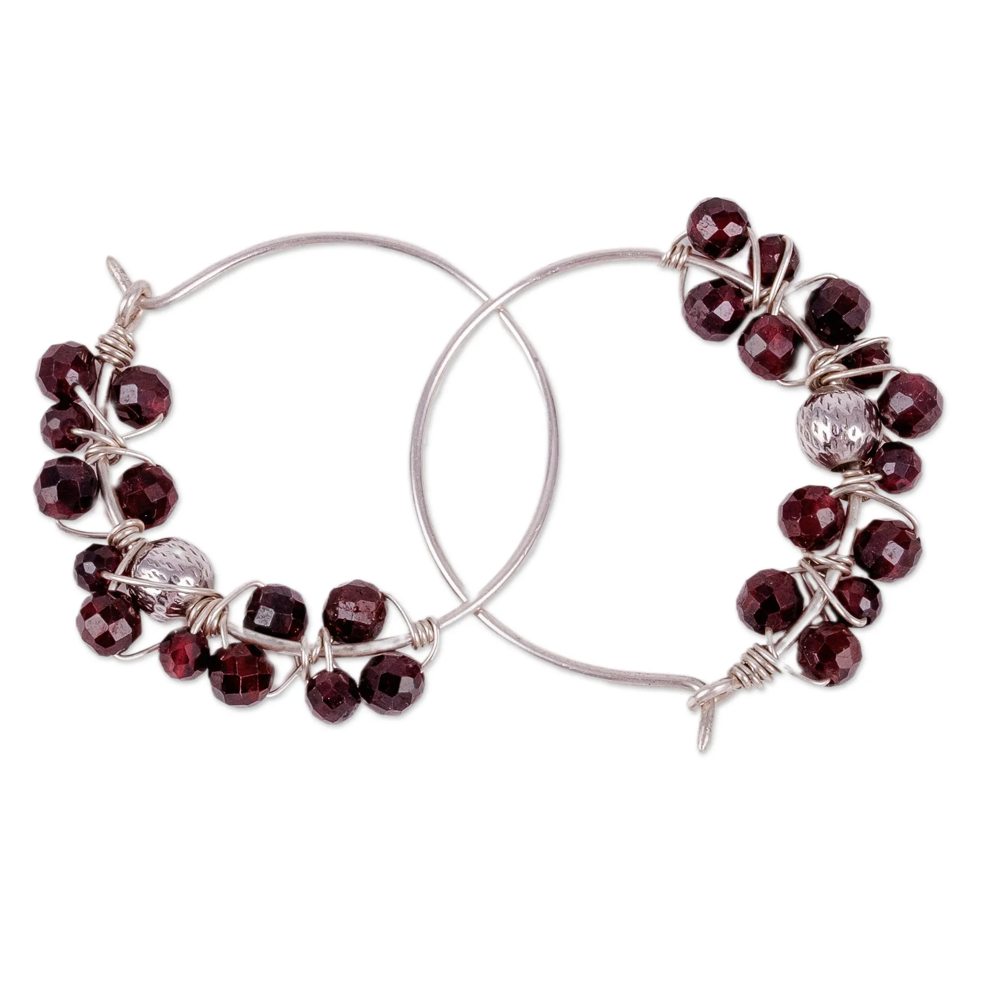 Sterling Silver and Natural Garnet Beaded Hoop Earrings - Passionate Bubbles | NOVICA