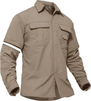 TACVASEN Men's Convertible Long Sleeve Fishing Shirts Quick Dry Button Up Tactical Shirts for Work Safari Hiking