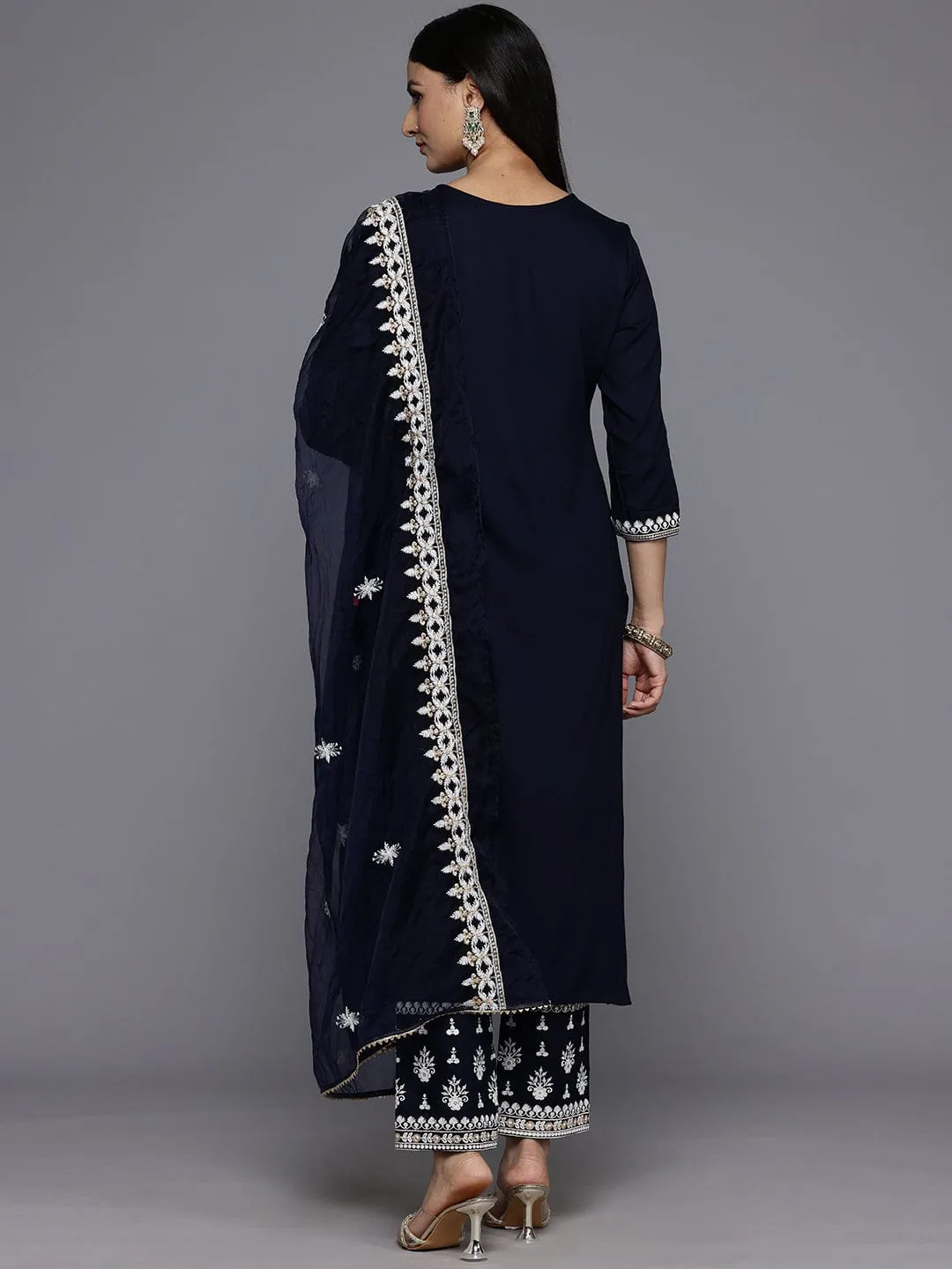 Varanga Women Navy Blue Round Neck Thread Embroidered Kurta Paired With Bottom And Dupatta